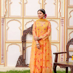 MUSTARD Floral Embroidered Anarkali & Handwork yoke with solid bottom & embroidered organza dupatta set (Set of 5 Pc)