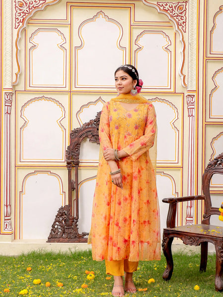 MUSTARD Floral Embroidered Anarkali & Handwork yoke with solid bottom & embroidered organza dupatta set (Set of 5 Pc)