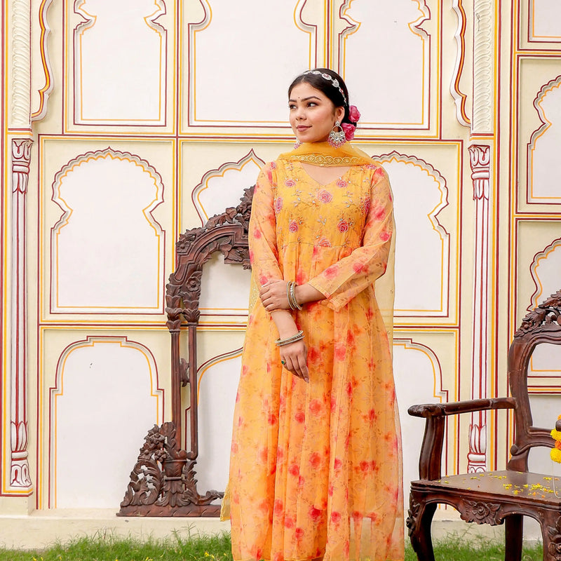 MUSTARD Floral Embroidered Anarkali & Handwork yoke with solid bottom & embroidered organza dupatta set (Set of 5 Pc)
