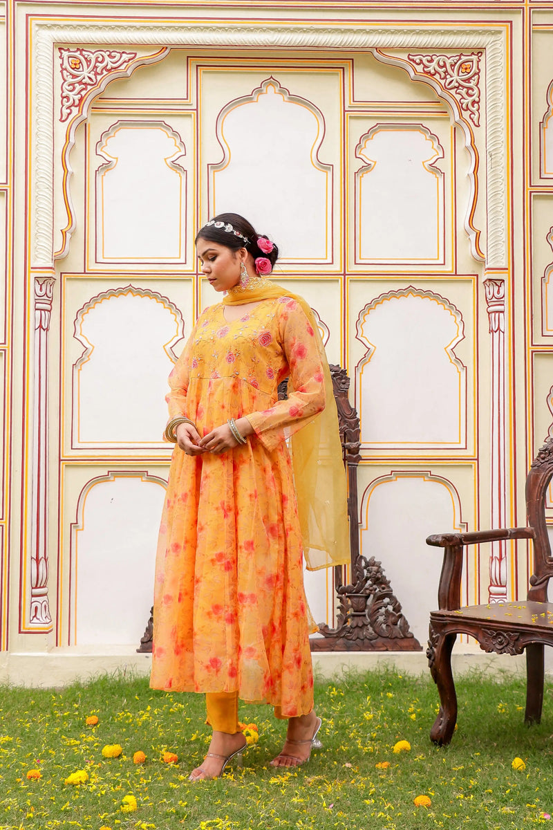MUSTARD Floral Embroidered Anarkali & Handwork yoke with solid bottom & embroidered organza dupatta set (Set of 5 Pc)
