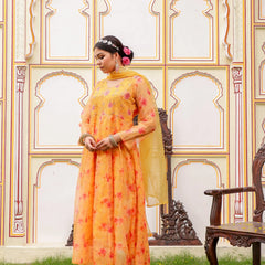 MUSTARD Floral Embroidered Anarkali & Handwork yoke with solid bottom & embroidered organza dupatta set (Set of 5 Pc)