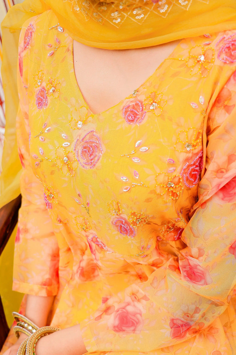MUSTARD Floral Embroidered Anarkali & Handwork yoke with solid bottom & embroidered organza dupatta set (Set of 5 Pc)