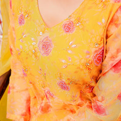 MUSTARD Floral Embroidered Anarkali & Handwork yoke with solid bottom & embroidered organza dupatta set (Set of 5 Pc)