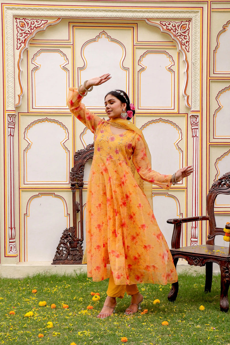 MUSTARD Floral Embroidered Anarkali & Handwork yoke with solid bottom & embroidered organza dupatta set (Set of 5 Pc)