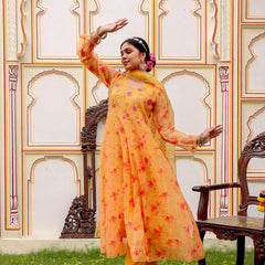 MUSTARD Floral Embroidered Anarkali & Handwork yoke with solid bottom & embroidered organza dupatta set (Set of 5 Pc)