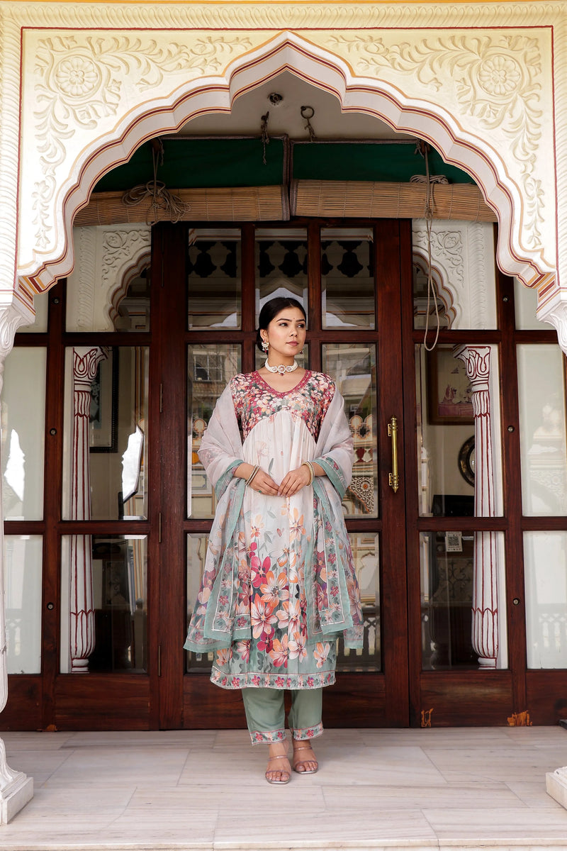 Maroon Floral Printed Alia Suit Set Printed Organza Dupatta Set (Set of 5 Pc)