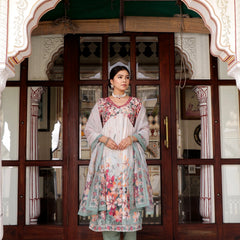 Maroon Floral Printed Alia Suit Set Printed Organza Dupatta Set (Set of 5 Pc)