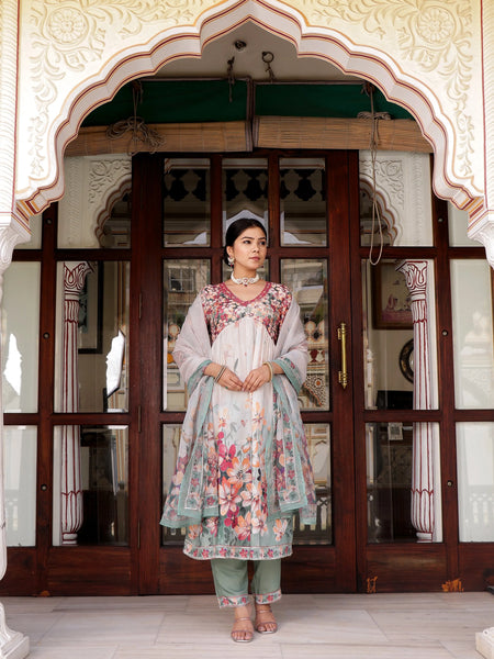Maroon Floral Printed Alia Suit Set Printed Organza Dupatta Set (Set of 5 Pc)