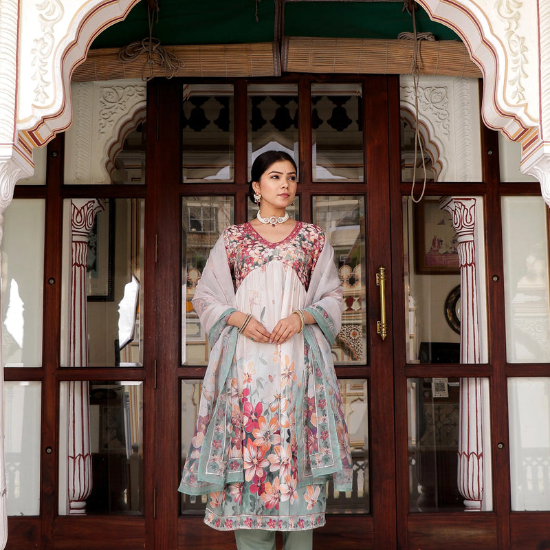 Maroon Floral Printed Alia Suit Set Printed Organza Dupatta Set (Set of 5 Pc)