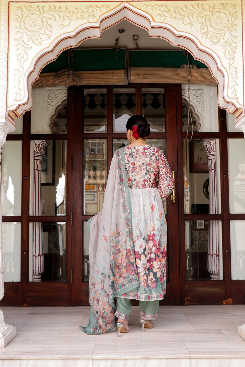 Maroon Floral Printed Alia Suit Set Printed Organza Dupatta Set (Set of 5 Pc)
