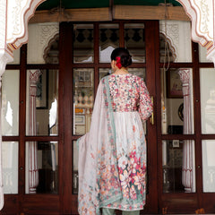 Maroon Floral Printed Alia Suit Set Printed Organza Dupatta Set (Set of 5 Pc)