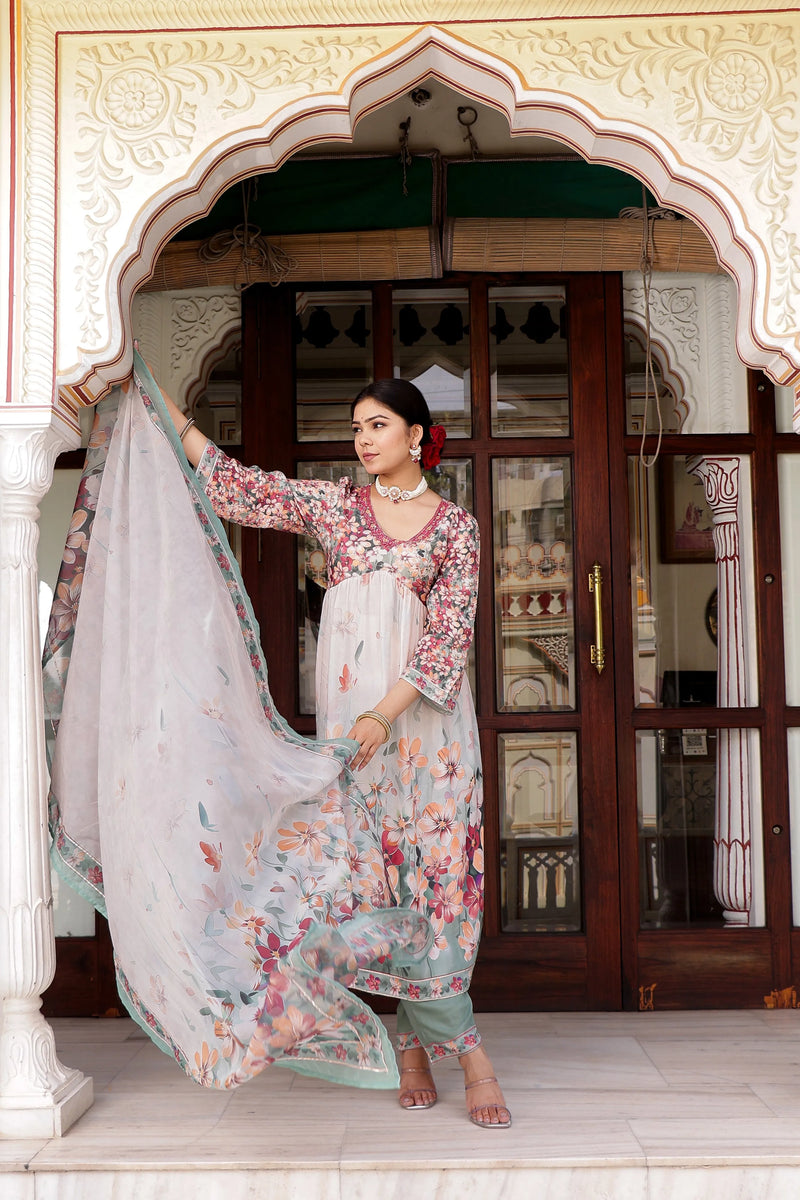 Maroon Floral Printed Alia Suit Set Printed Organza Dupatta Set (Set of 5 Pc)