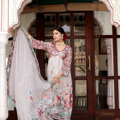 Maroon Floral Printed Alia Suit Set Printed Organza Dupatta Set (Set of 5 Pc)
