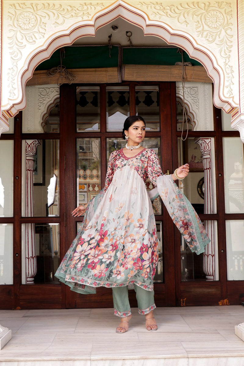 Maroon Floral Printed Alia Suit Set Printed Organza Dupatta Set (Set of 5 Pc)