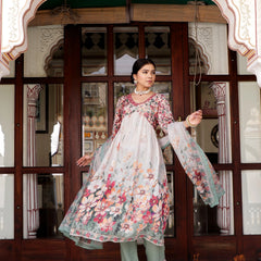 Maroon Floral Printed Alia Suit Set Printed Organza Dupatta Set (Set of 5 Pc)