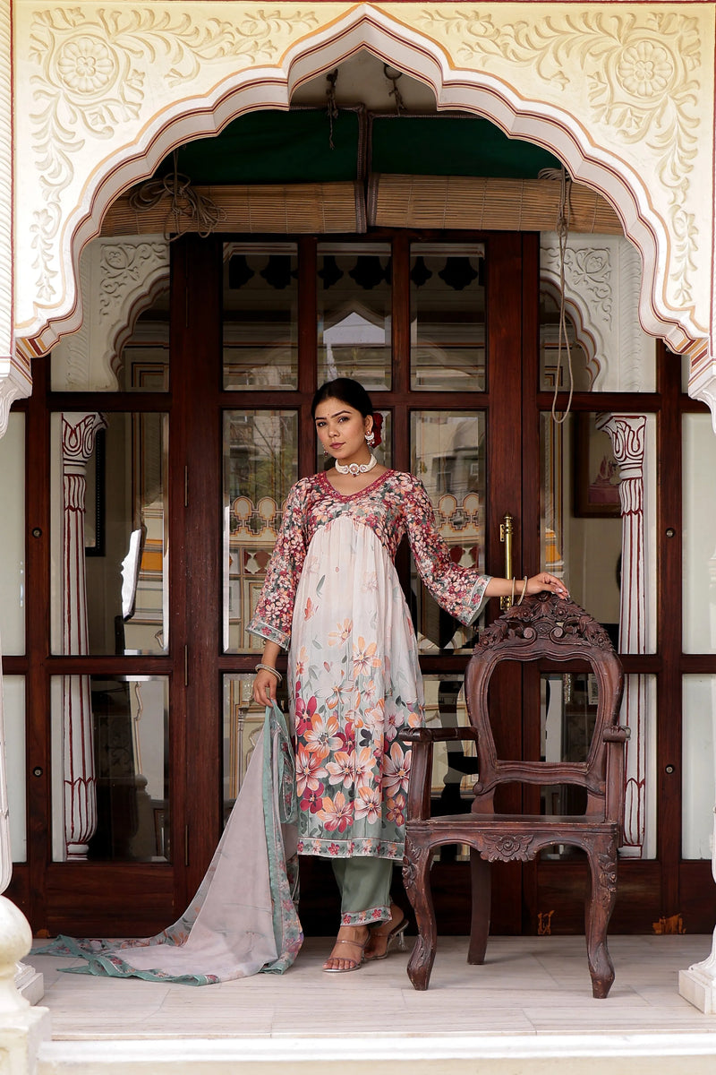 Maroon Floral Printed Alia Suit Set Printed Organza Dupatta Set (Set of 5 Pc)