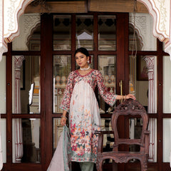 Maroon Floral Printed Alia Suit Set Printed Organza Dupatta Set (Set of 5 Pc)