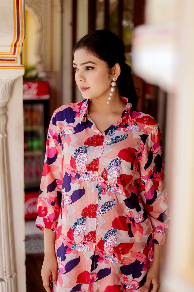 Multi Colour Co-ord Set With Sequence Work On Front & Printed Bottom (Set of 5 Pc)