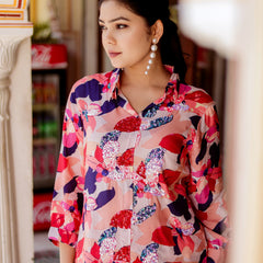 Multi Colour Co-ord Set With Sequence Work On Front & Printed Bottom (Set of 5 Pc)