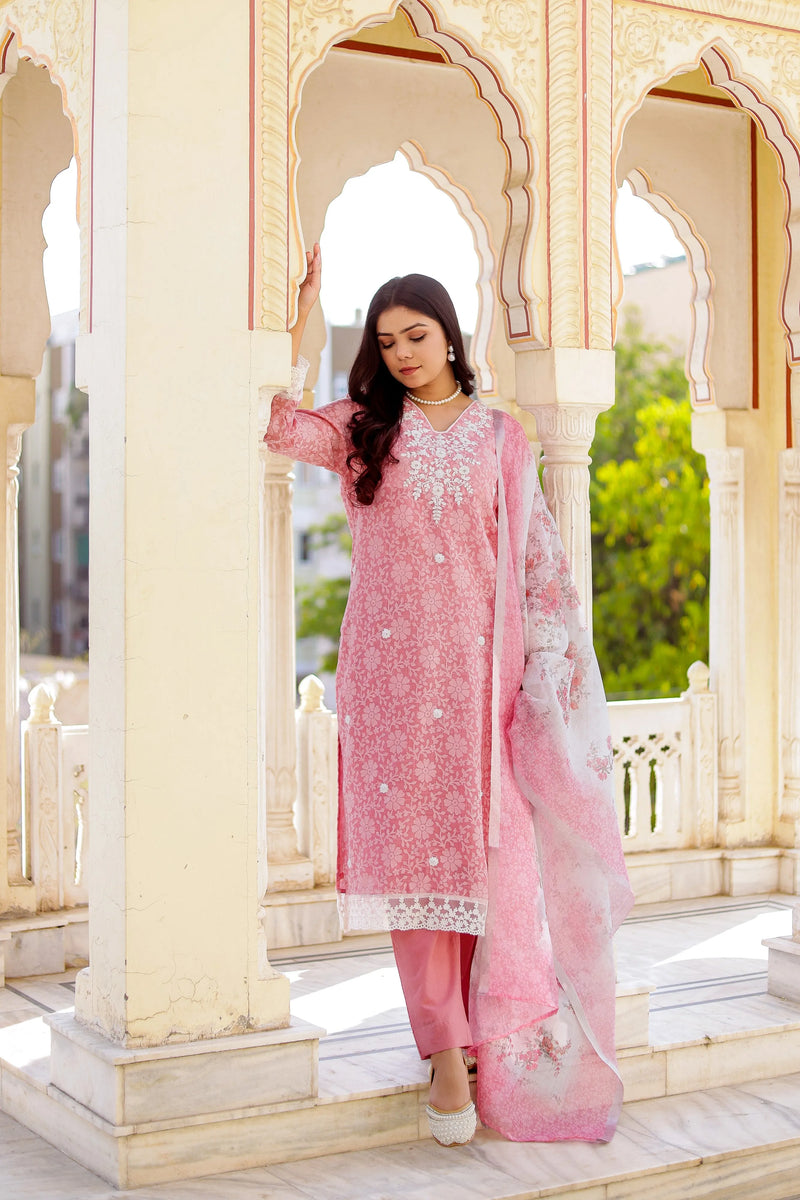 Floral printed Linen Straight Suit Set (Set of 5 Pc)