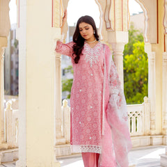 Floral printed Linen Straight Suit Set (Set of 5 Pc)