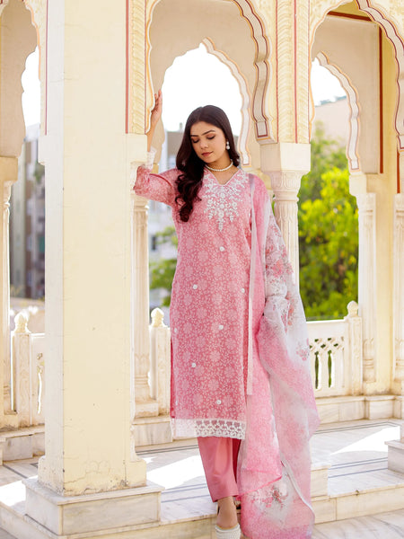 Floral printed Linen Straight Suit Set (Set of 5 Pc)