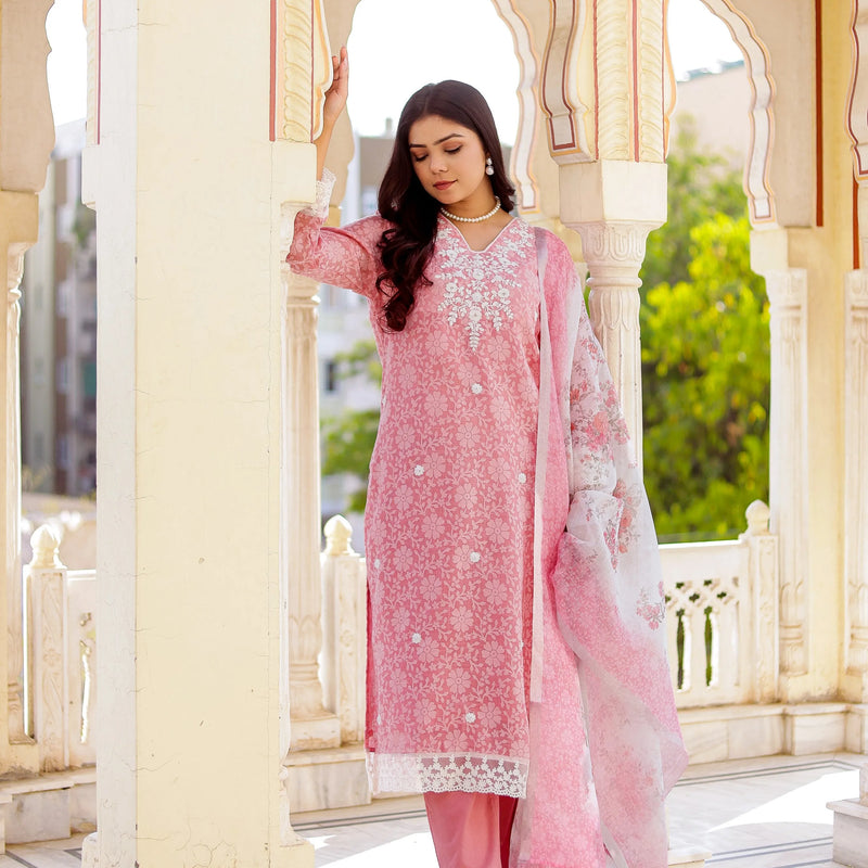 Floral printed Linen Straight Suit Set (Set of 5 Pc)