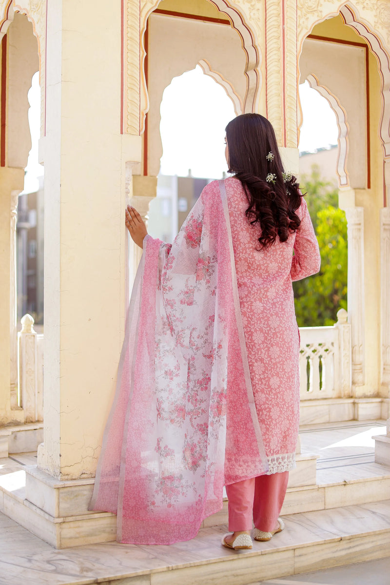 Floral printed Linen Straight Suit Set (Set of 5 Pc)