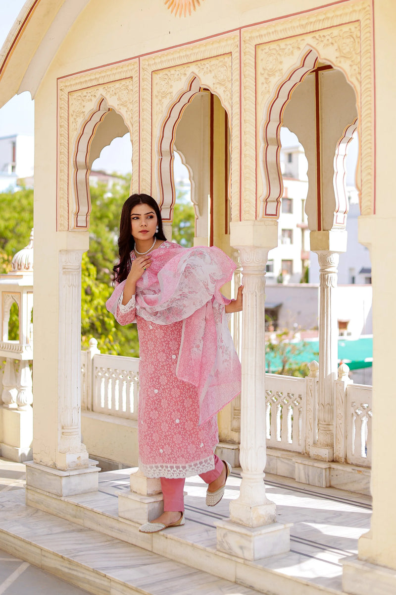 Floral printed Linen Straight Suit Set (Set of 5 Pc)