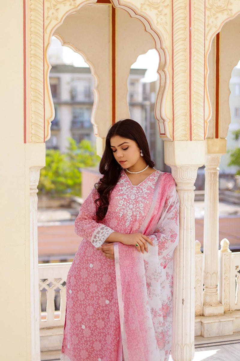Floral printed Linen Straight Suit Set (Set of 5 Pc)