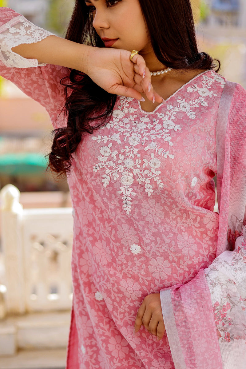 Floral printed Linen Straight Suit Set (Set of 5 Pc)