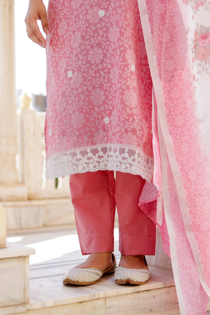 Floral printed Linen Straight Suit Set (Set of 5 Pc)