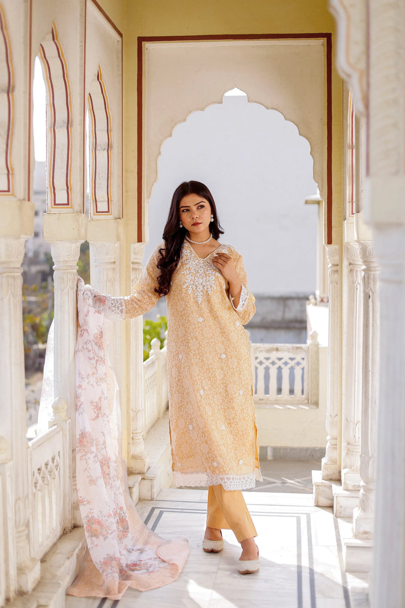 Floral printed Linen Straight Suit Set (Set of 5 Pc)
