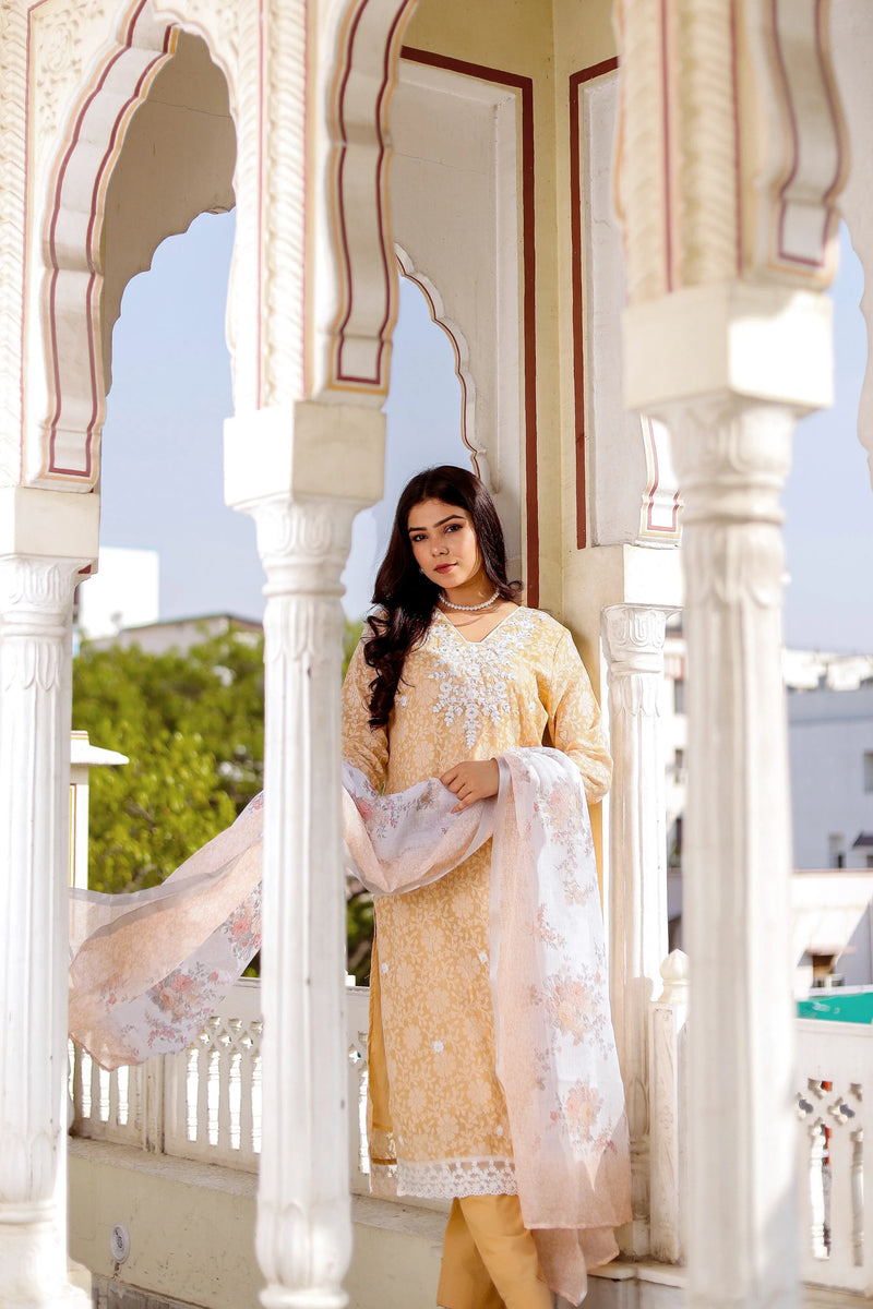 Floral printed Linen Straight Suit Set (Set of 5 Pc)