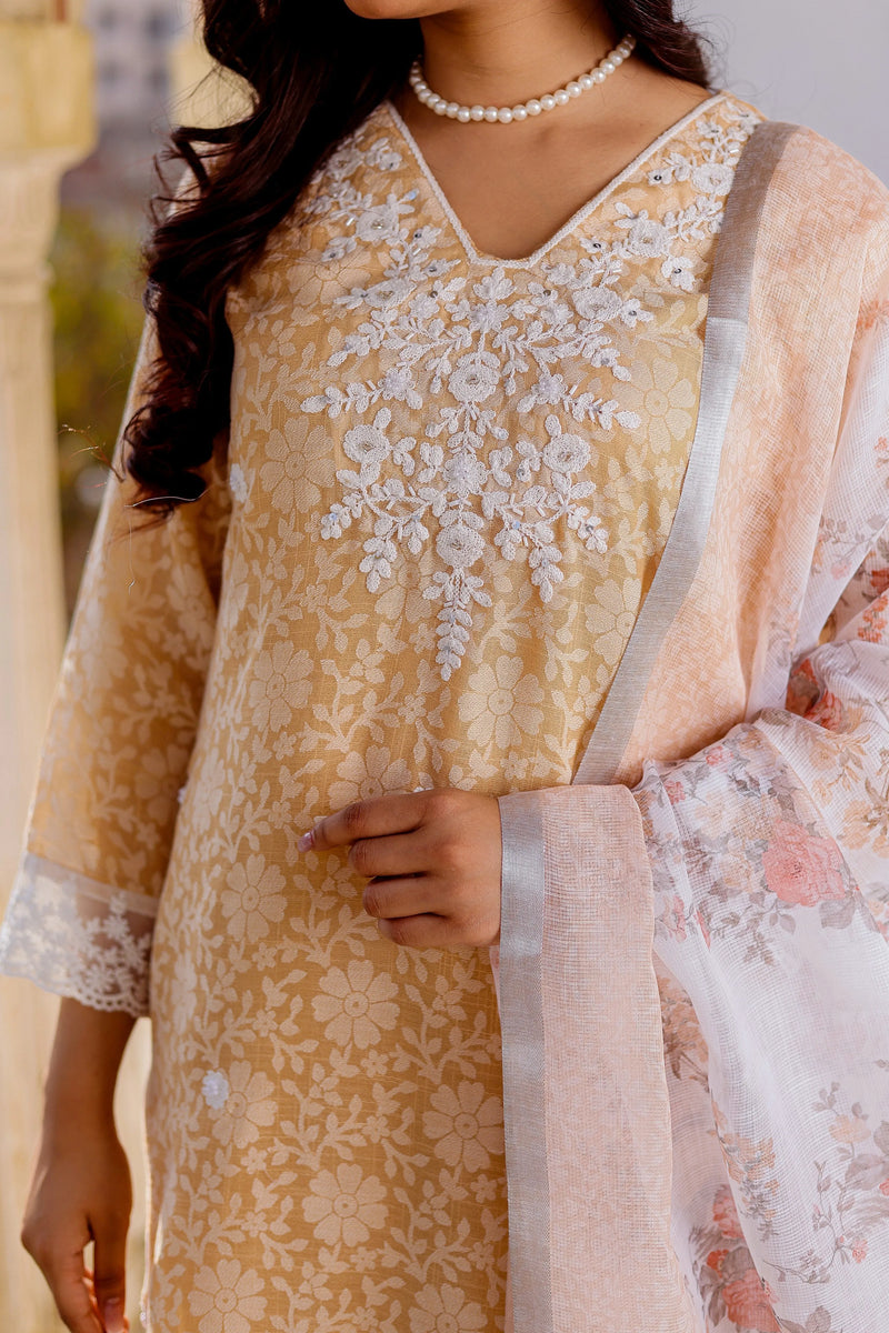 Floral printed Linen Straight Suit Set (Set of 5 Pc)