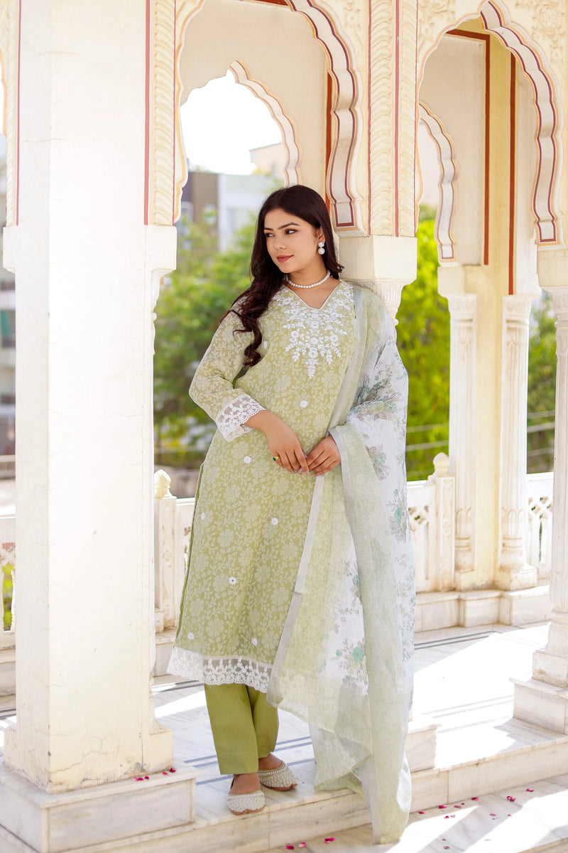 Floral printed Linen Straight Suit Set (Set of 5 Pc)