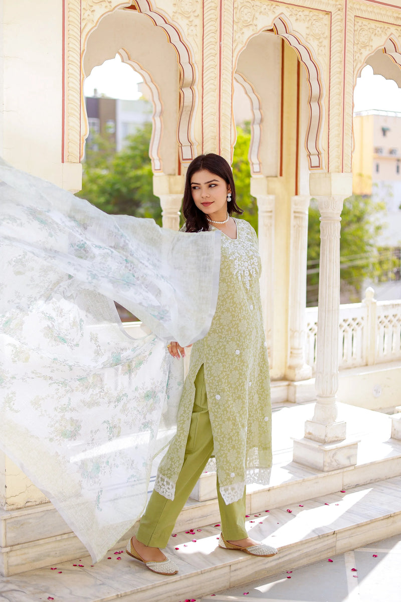 Floral printed Linen Straight Suit Set (Set of 5 Pc)