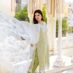Floral printed Linen Straight Suit Set (Set of 5 Pc)