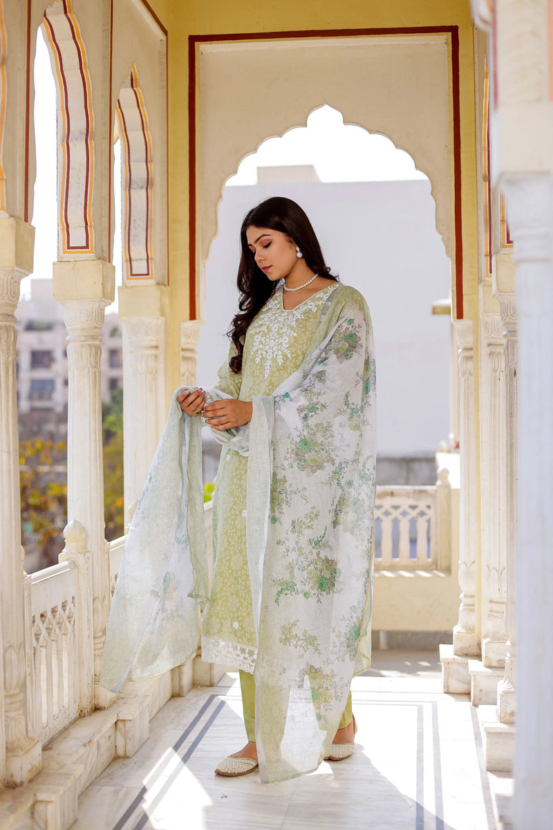 Floral printed Linen Straight Suit Set (Set of 5 Pc)