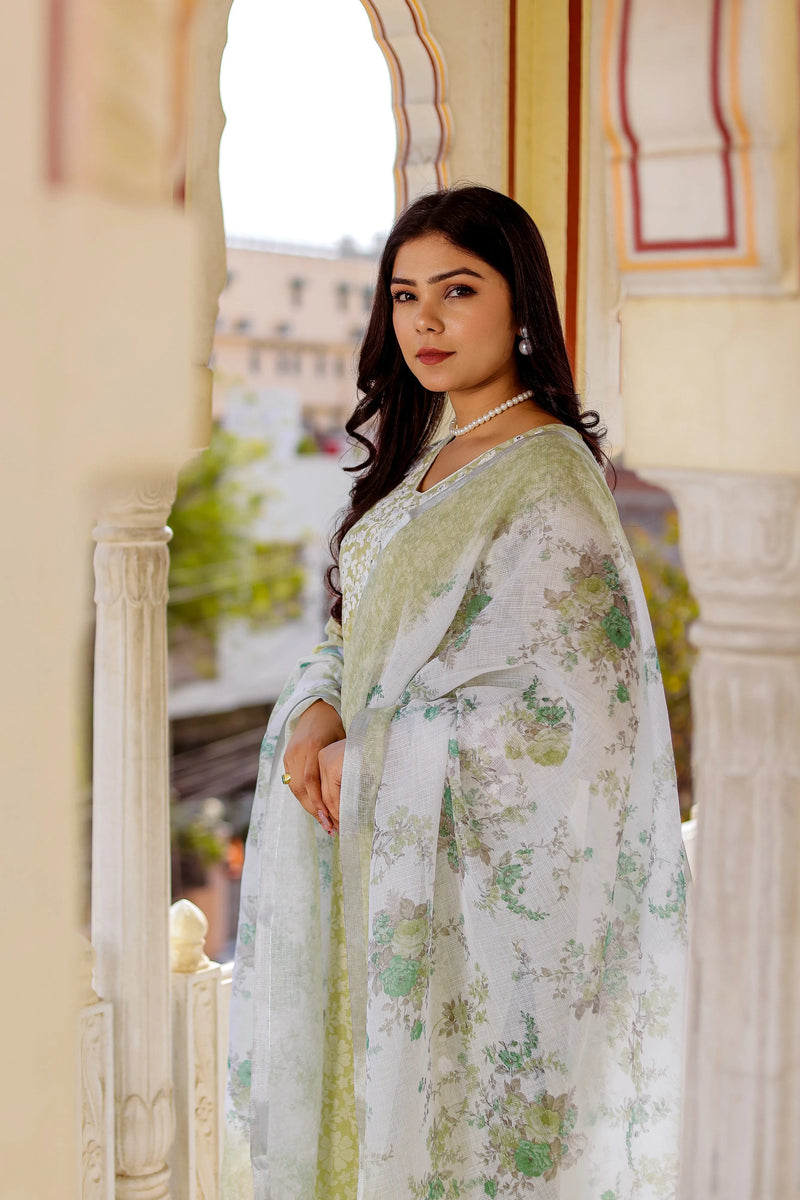 Floral printed Linen Straight Suit Set (Set of 5 Pc)