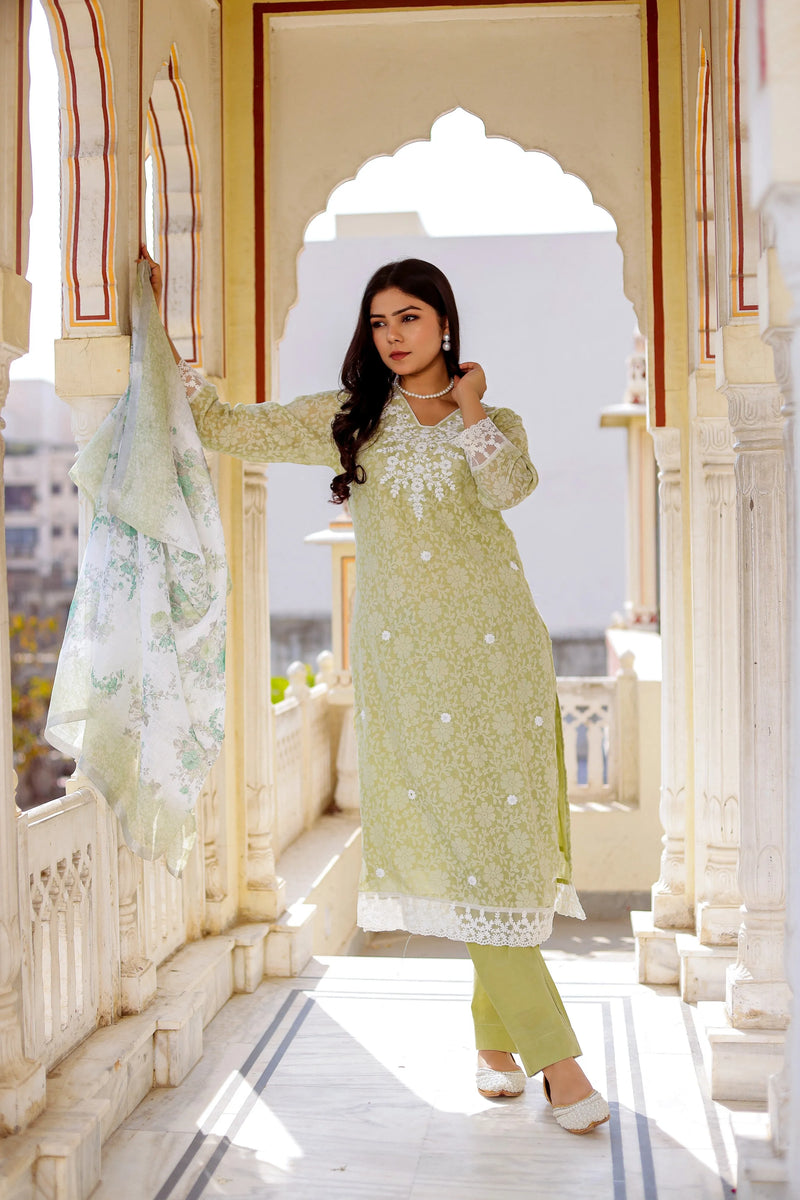 Floral printed Linen Straight Suit Set (Set of 5 Pc)