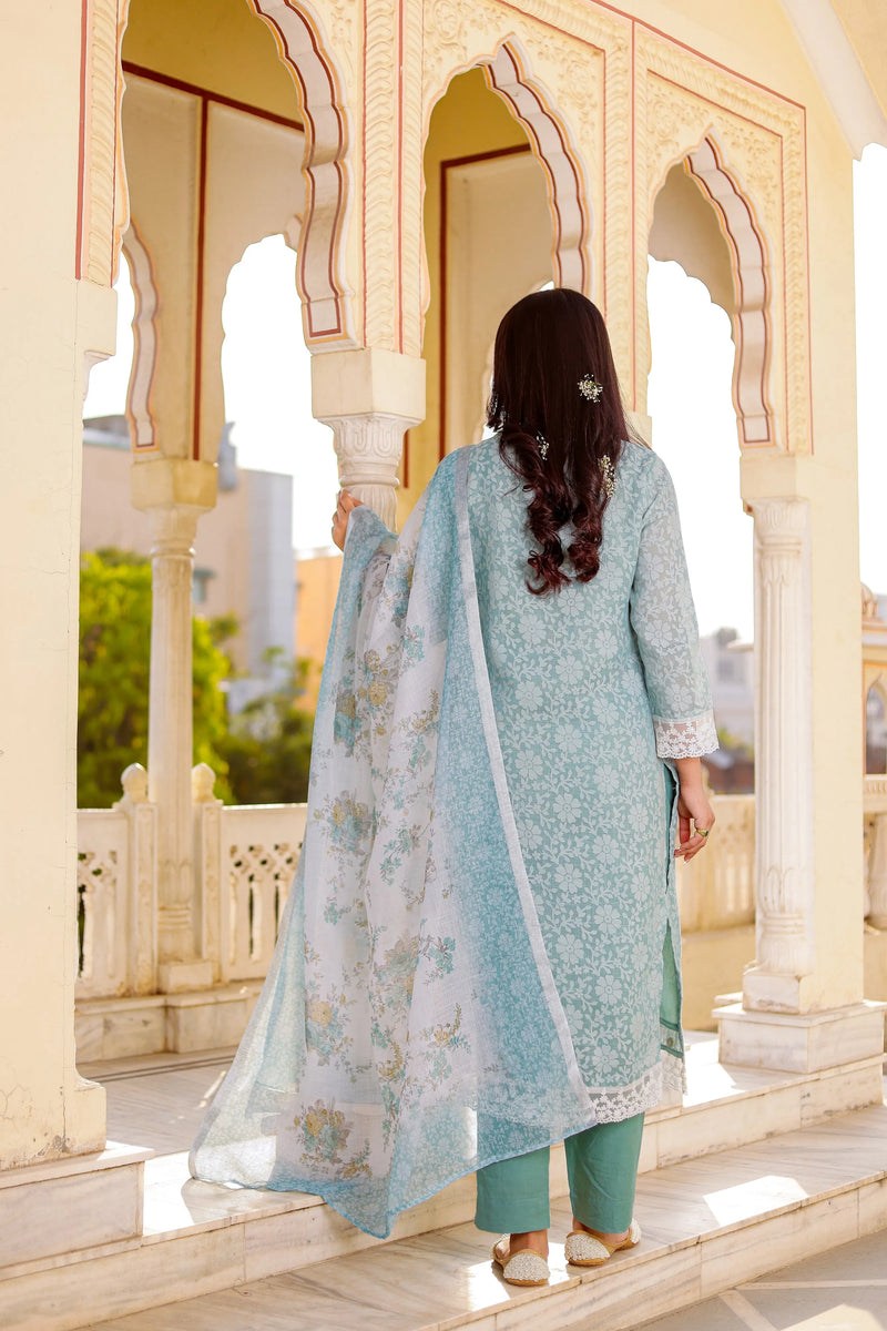 Floral printed Linen Straight Suit Set (Set of 5 Pc)