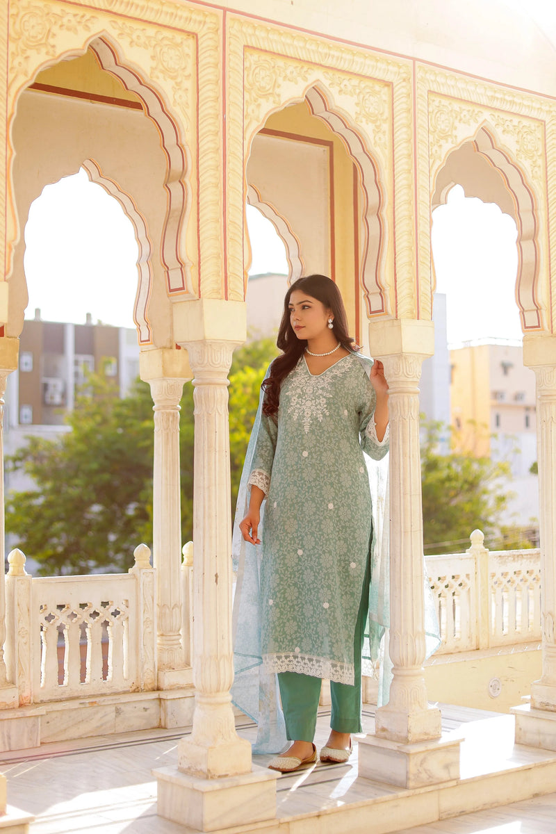 Floral printed Linen Straight Suit Set (Set of 5 Pc)