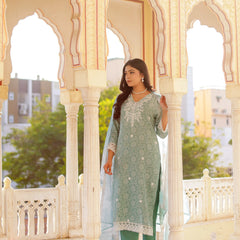 Floral printed Linen Straight Suit Set (Set of 5 Pc)