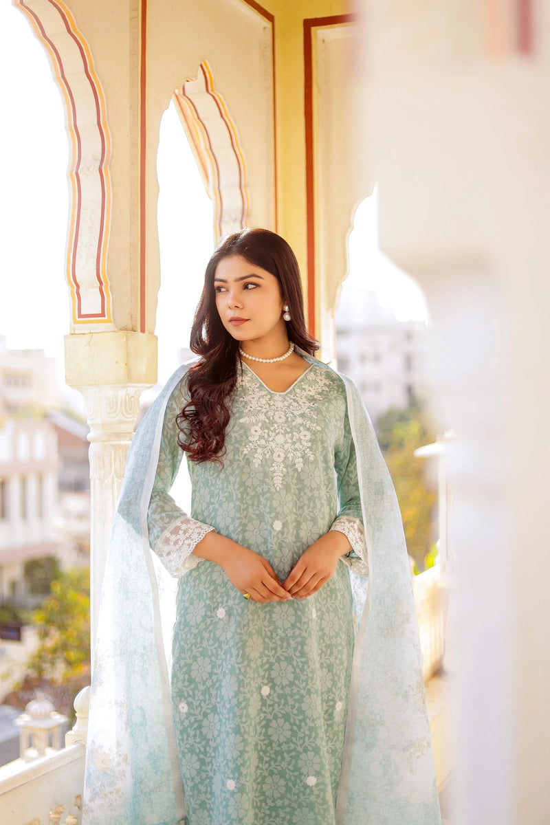 Floral printed Linen Straight Suit Set (Set of 5 Pc)