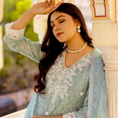 Floral printed Linen Straight Suit Set (Set of 5 Pc)
