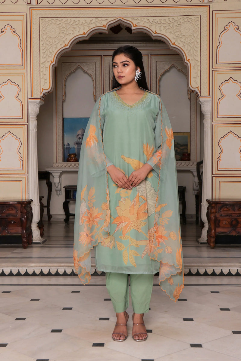 Teal Green Placement Print Straight Suit Set With Solid Bottom & Printed Organza Cut Work Dupatta Set (Set of 5 Pc)