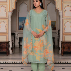 Teal Green Placement Print Straight Suit Set With Solid Bottom & Printed Organza Cut Work Dupatta Set (Set of 5 Pc)