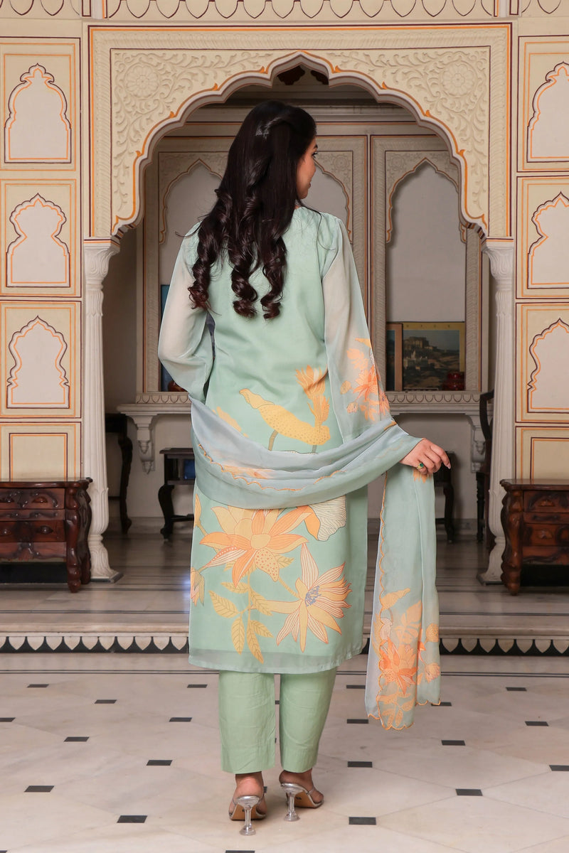 Teal Green Placement Print Straight Suit Set With Solid Bottom & Printed Organza Cut Work Dupatta Set (Set of 5 Pc)