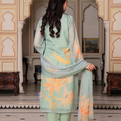 Teal Green Placement Print Straight Suit Set With Solid Bottom & Printed Organza Cut Work Dupatta Set (Set of 5 Pc)
